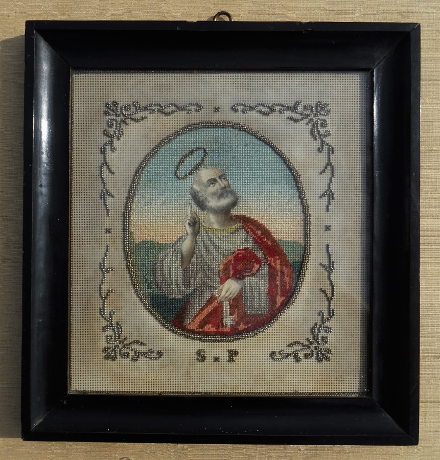 St Peter Holding the Keys of Heaven Religious Needlepoint Antique Picture (2).JPG